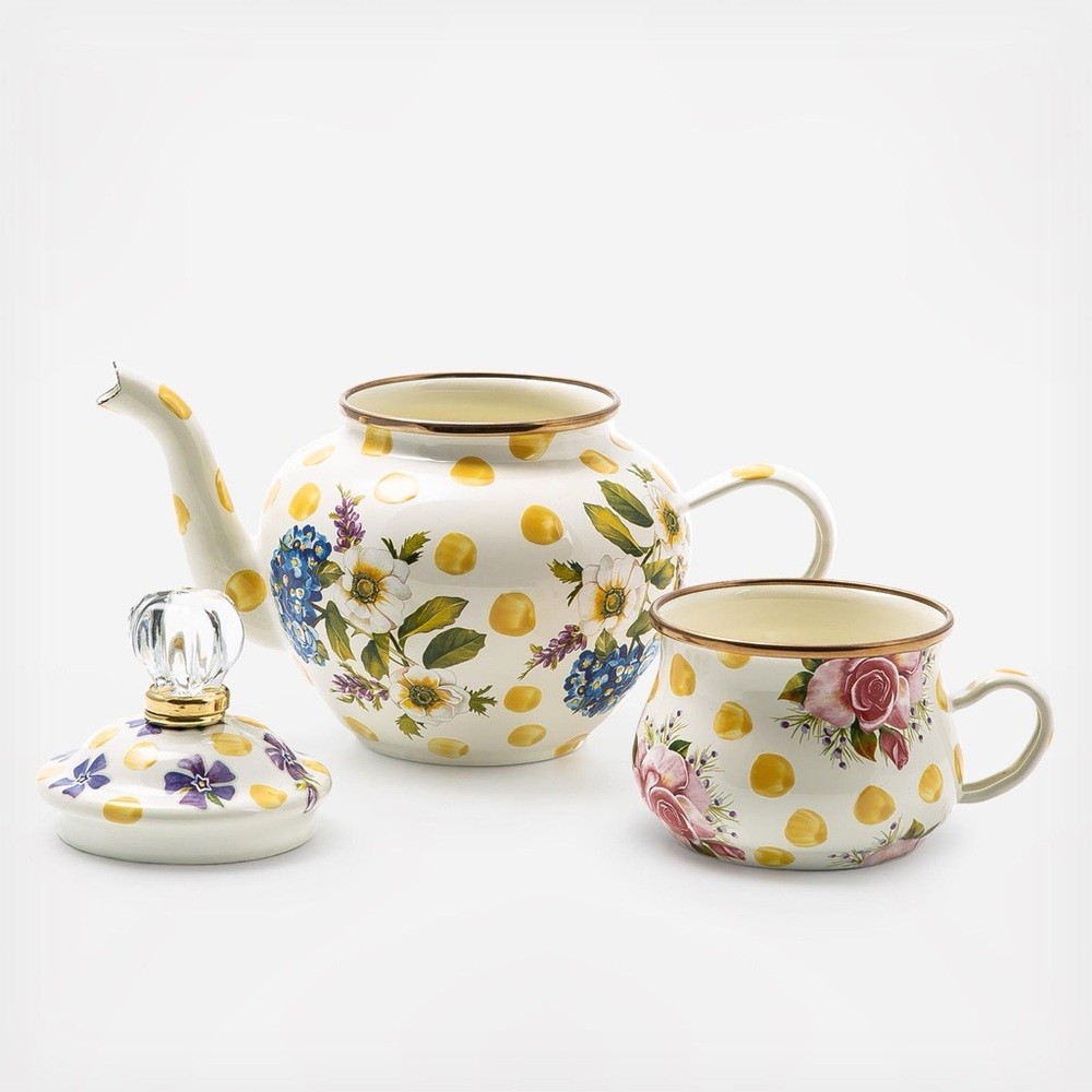 Brand New Mackenzie-Childs Yellow Wildflowers Enamel High Teapot & Cup, NWT - Picture 3 of 4